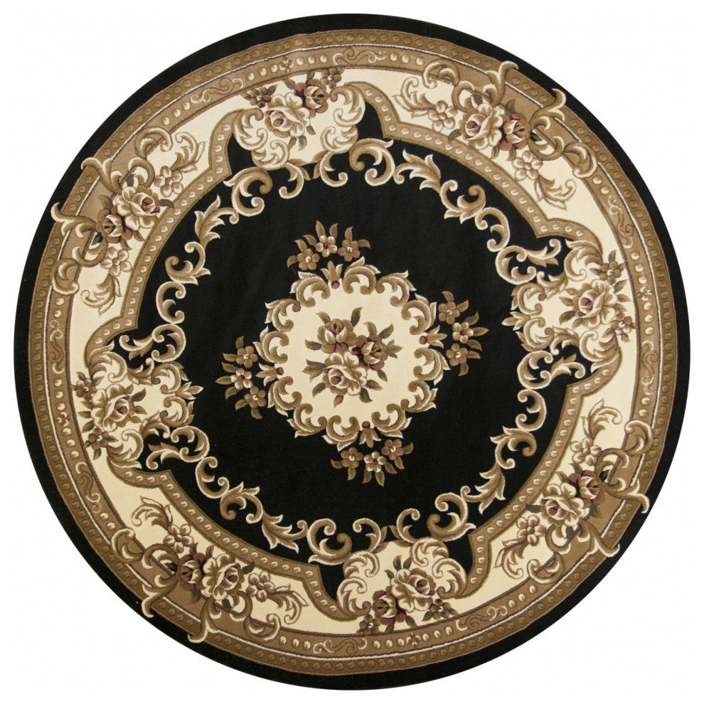 HomeRoots 7' Round Black or Ivory Floral Bordered Indoor Area Rug