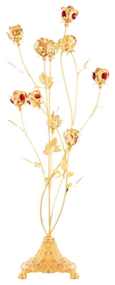 24K Gold Plated Crystal Studded 10-Piece Rose Bouquet Ornament, Red Crystals
