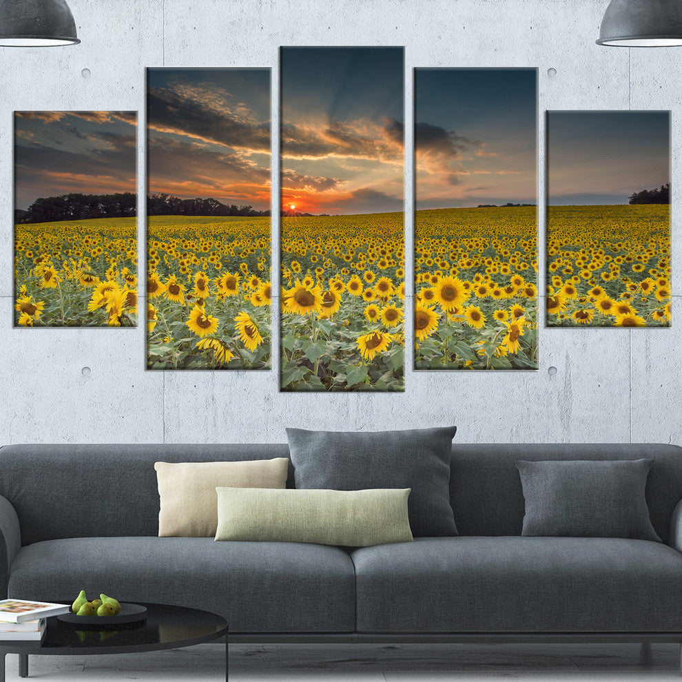 Sunflower Sunset with Cloudy Sky, Large Landscape Canvas Art, 60"x32", 5 Panels