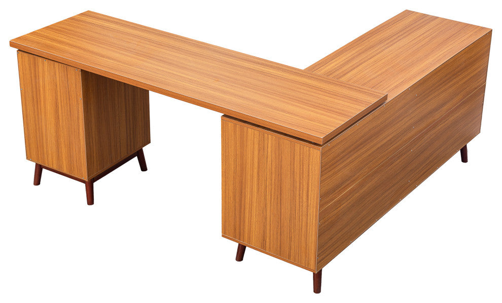 Modern L-shaped Executive Desk, Delicate Tempered Glass Cabinet Storage, Teak