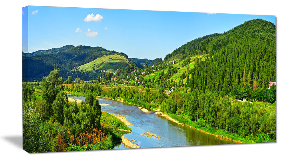 Green Mountains and River, Landscape Canvas Art Print, 32"x16"
