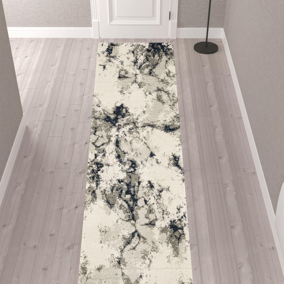 12' Runner Grey Black and Ivory Abstract Power Loom Runner Rug