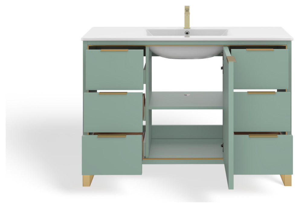 Bradford Bath Vanity, Green, 48", Satin Brass Hardware, Single Sink, Freestanding