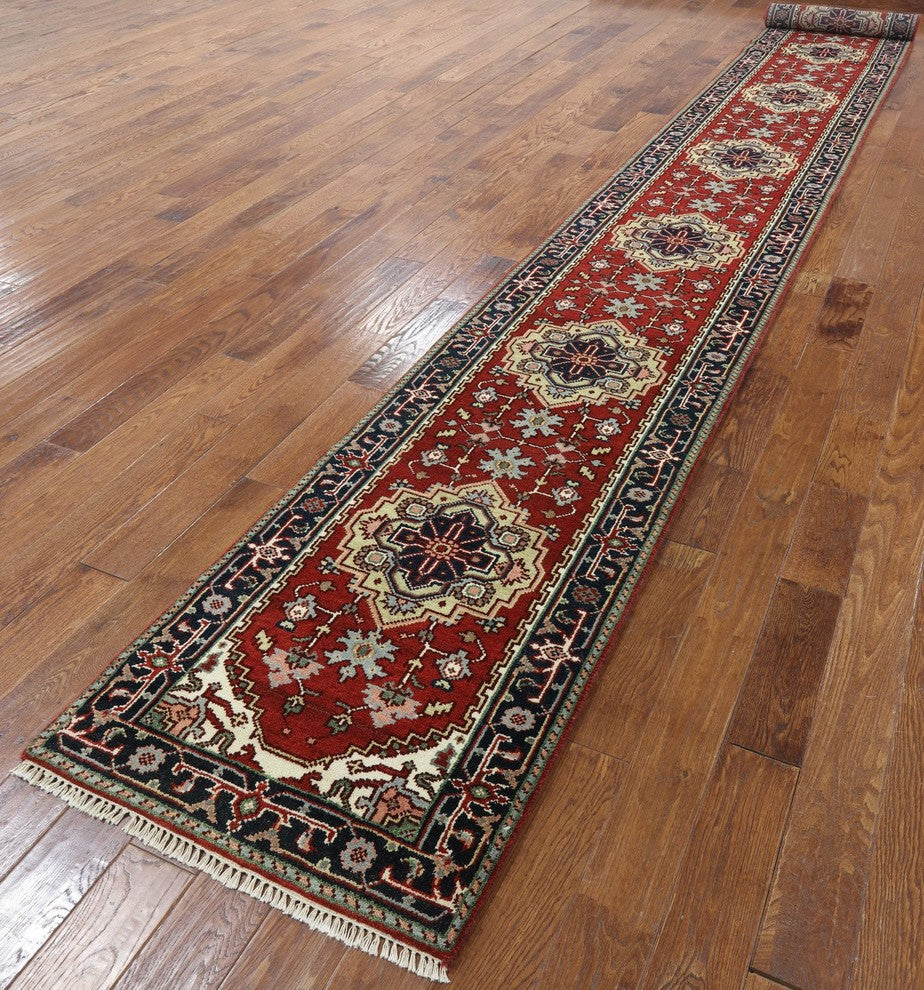 Red & Blue Oriental Runner 3'x20' Heriz Serapi Hand Knotted Wool Rug H9217