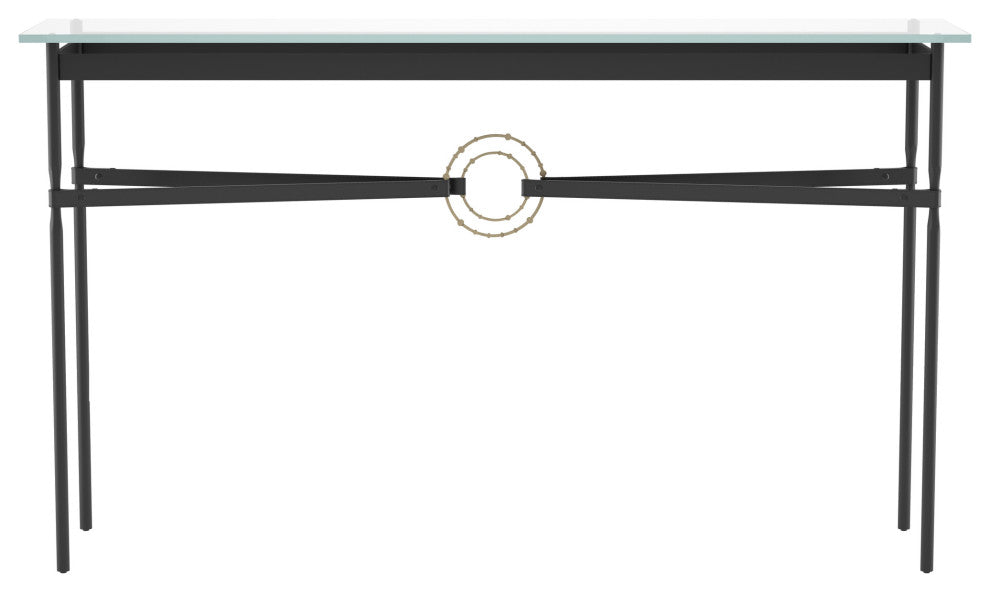 Equus Console Table, Black Finish - Soft Gold Accents - Black Leather Strap