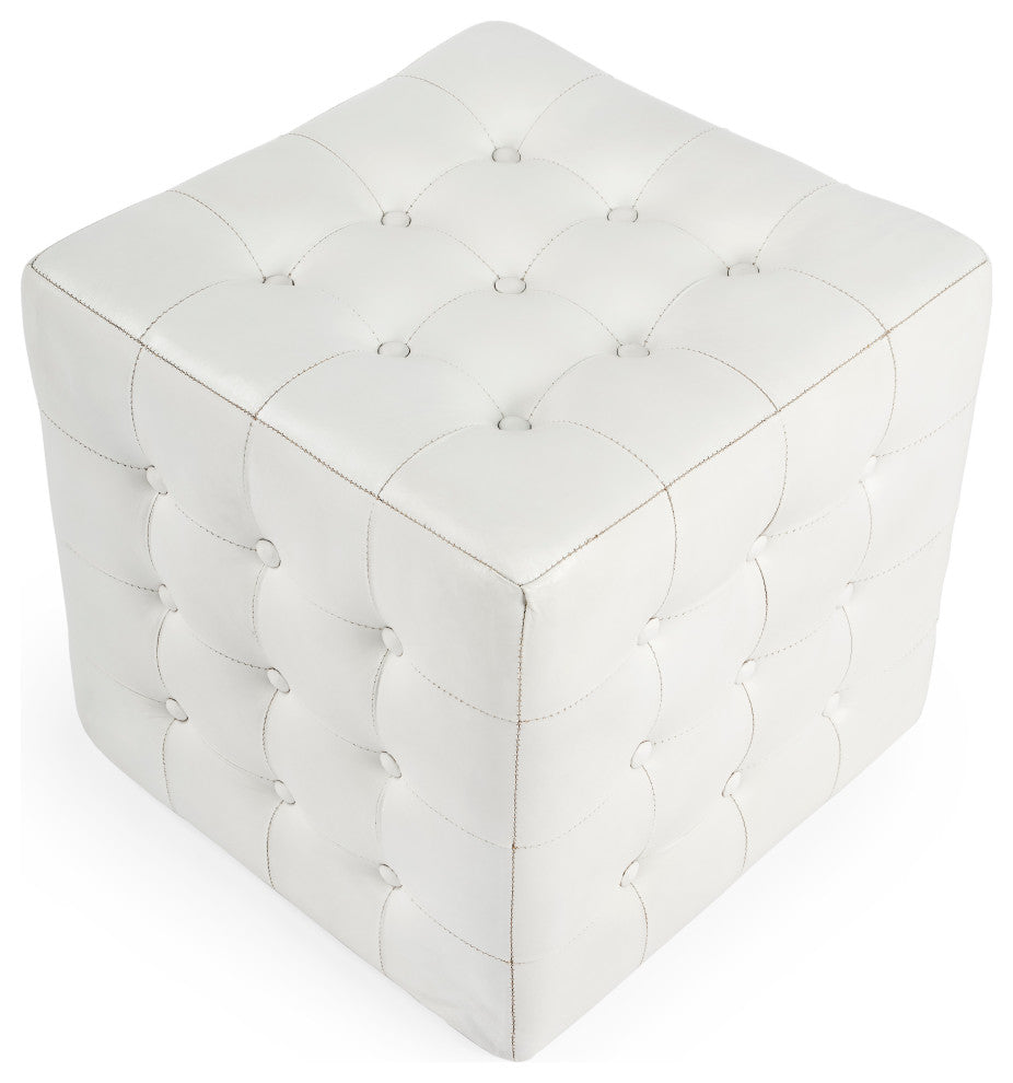Leon White Leather Ottoman, 6165411