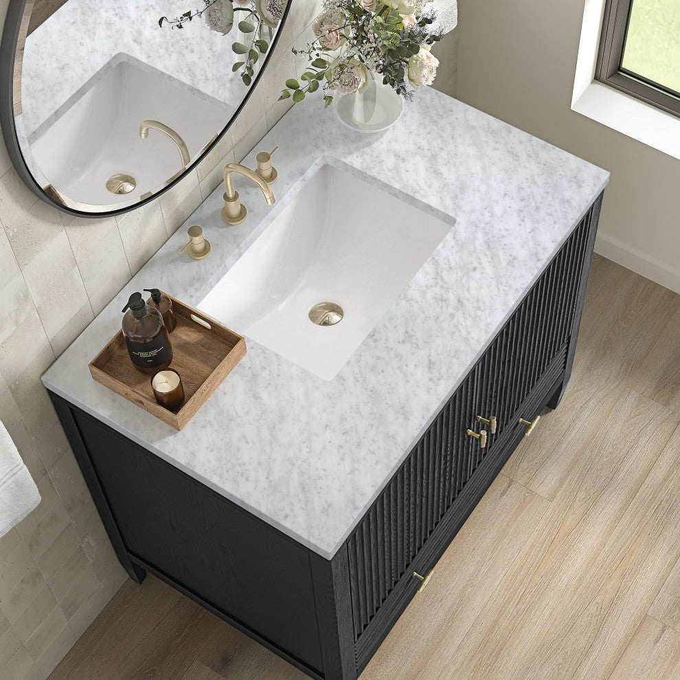 Myrrin 36" Vanity, Carbon Oak, 3 CM Carrara White Marble Top