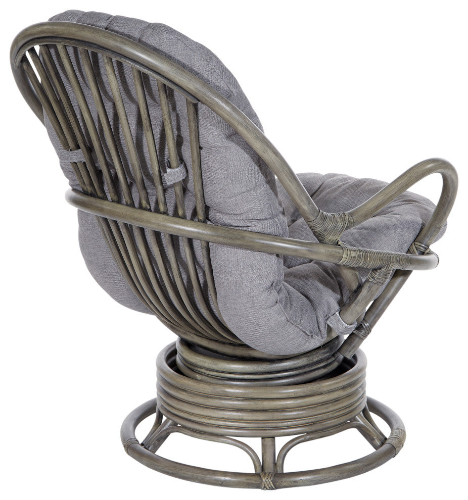 Tahiti Rattan Swivel Rocker Chair, Gray Fabric With Gray Frame