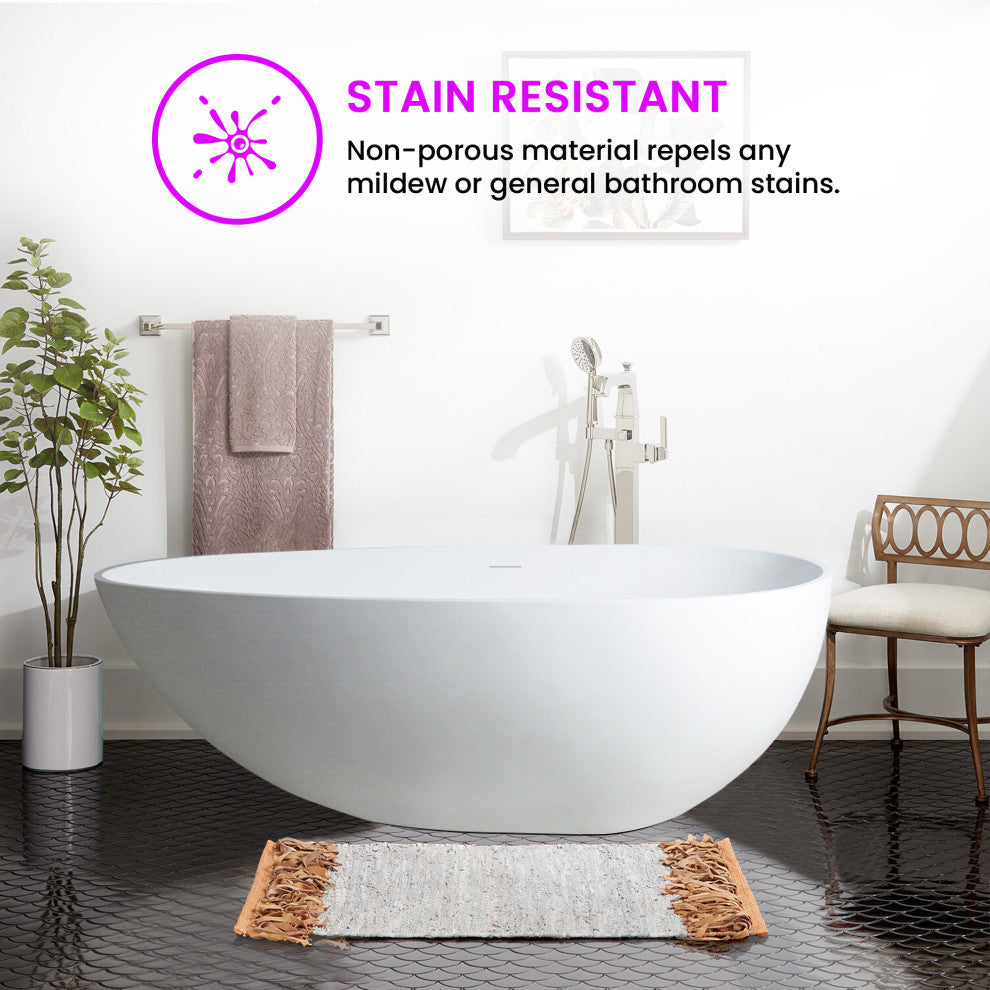 Vanity Art Solid Surface Resin Stone Freestanding Bathtub, Matte White, 59"x30"