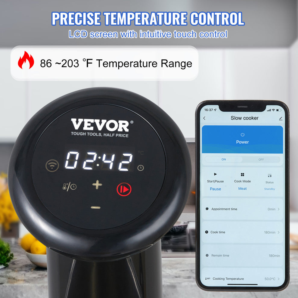 VEVOR Sous Vide Machine Cooker 1200W Timer Bluetooth Wi-Fi App Touch Control