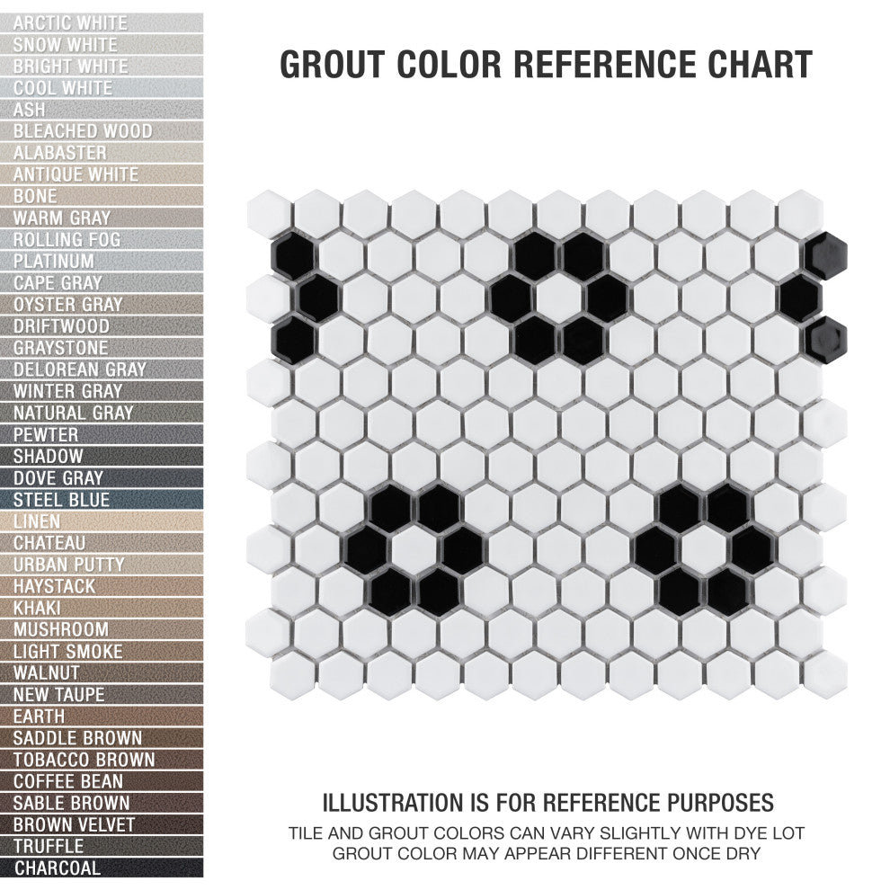 Metro 1" Hex Porcelain Mosaic Floor and Wall Tile, Glossy White With Heavy Flower