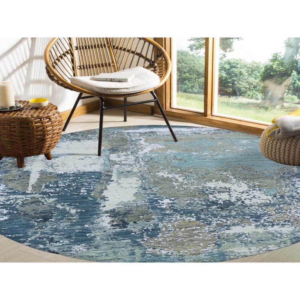Gray Abstract Design, Hand Knotted Natural Wool Round Oriental Rug, 8'1"x8'5"