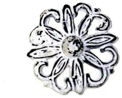 Set of Four Floral Metal Cabinet Knobs in Distressed White Finish