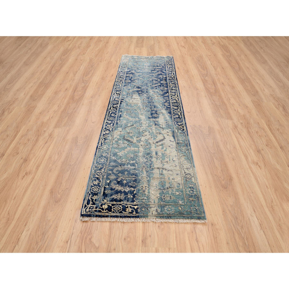 Blue/Teal Erased Wool And Silk Hand Knotted Broken Heriz Runner Rug, 2'7"x10'0"