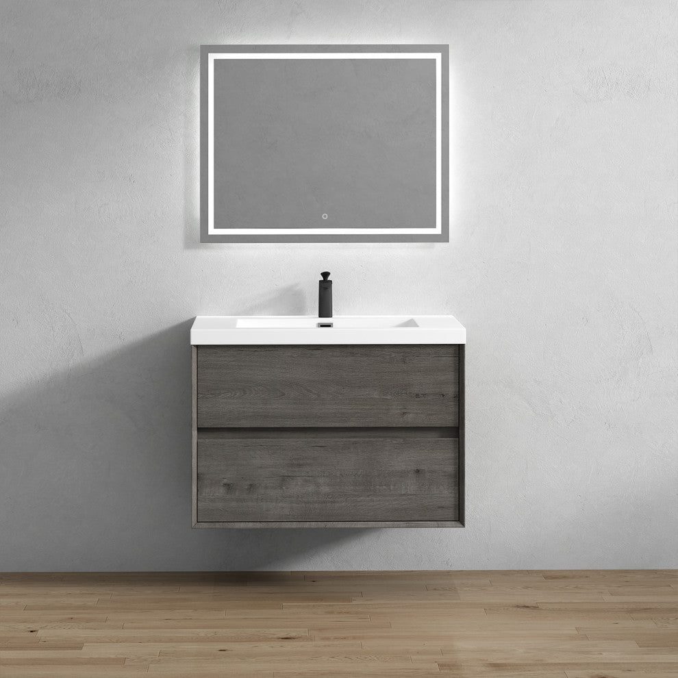 Kingdee Smoke Oak Wall Mounted Vanity With Reinforced Acrylic Sink, 36''
