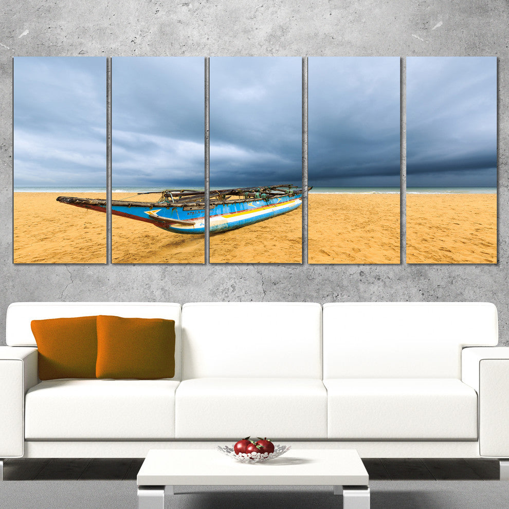 Fishing Boat On Beach with Dark Clouds, Seashore Canvas Print, 60"x28", 5 Panels