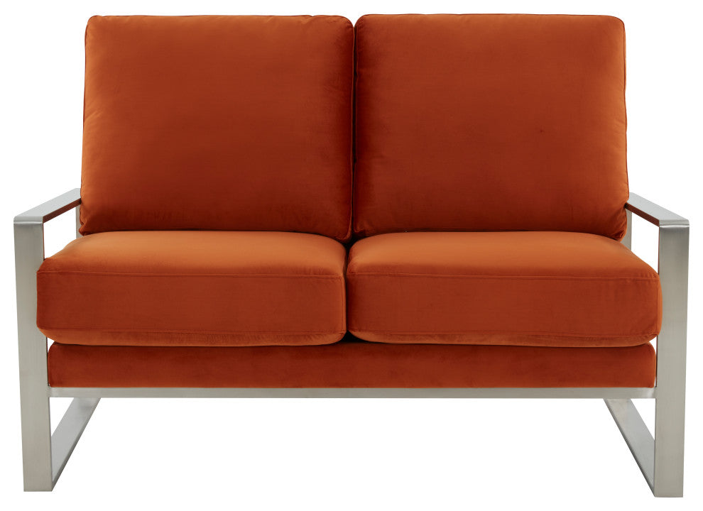 LeisureMod Jefferson Modern Design Velvet Loveseat With Silver Frame, Orange