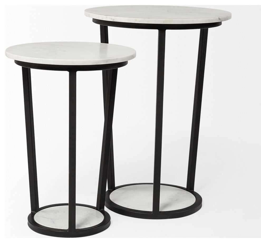 Bombola White Marble w/Black Metal Frame Round Accent Table, Small