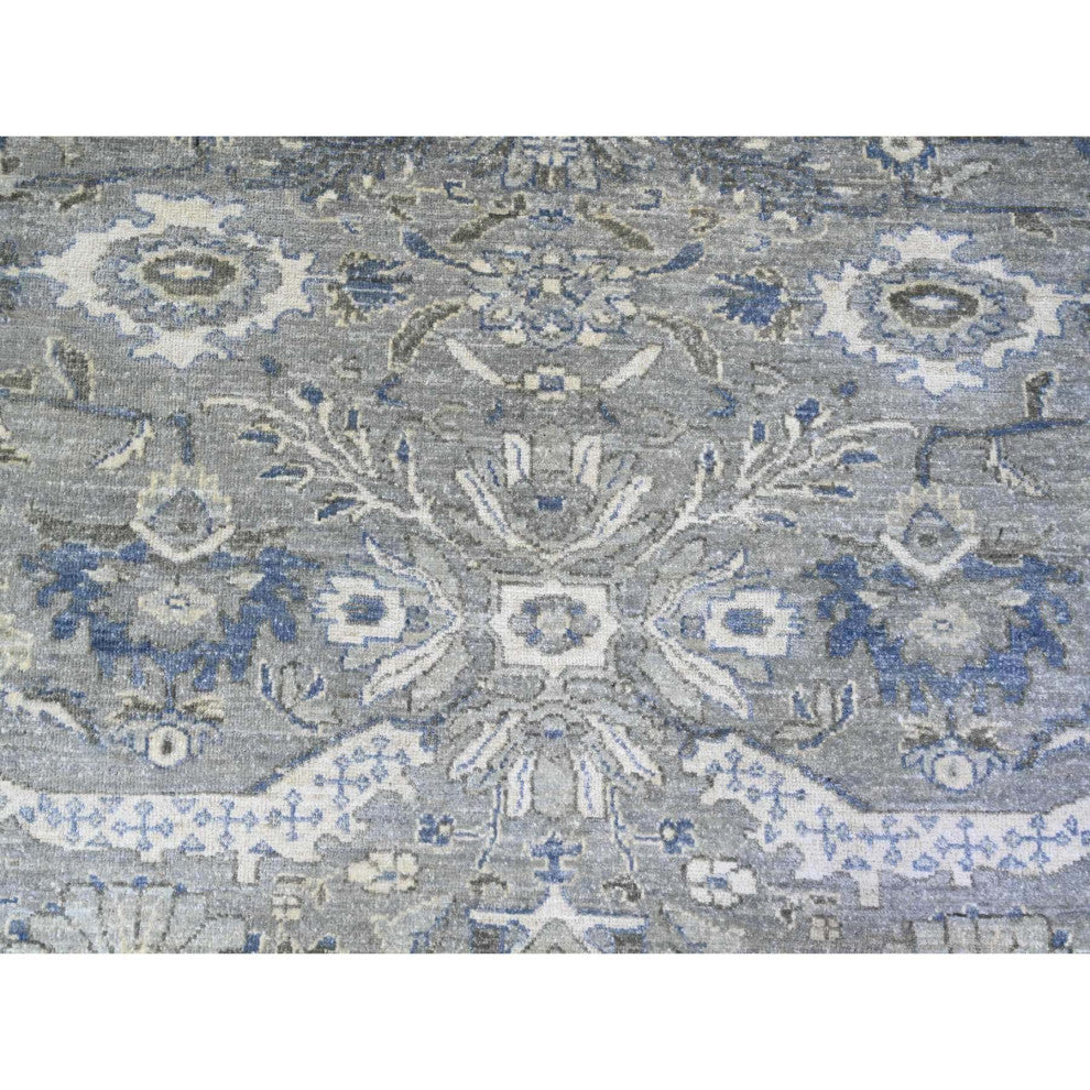 Electric Gray Heris Serrated Leaf Pattern Wool Hand Knotted Rug, 7'10"x9'9"