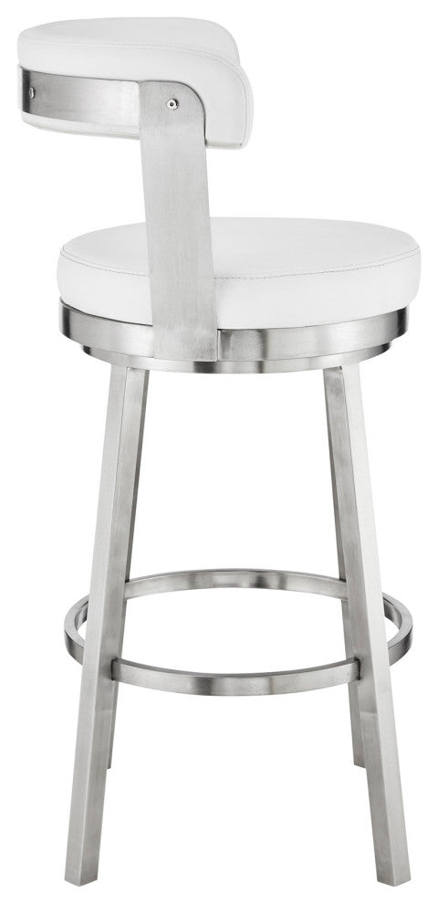 30" Chic White Faux Leather With Stainless Steel Finish Swivel Bar Stool