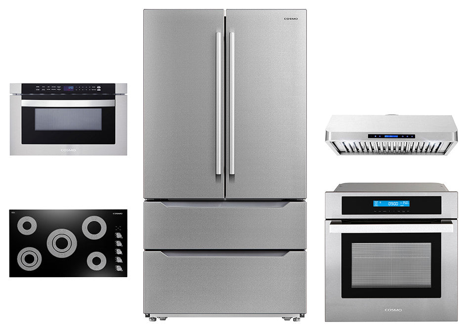5PC, 36" Cooktop 36" Range Hood 30" Wall Oven 24.4" Microwave & Refrigerator