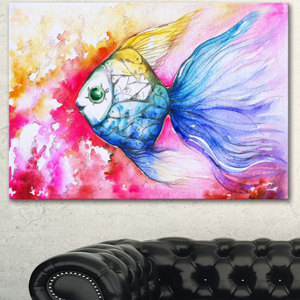 Blue Fish on Red Background, Animal Canvas Art Print, 40"x30"