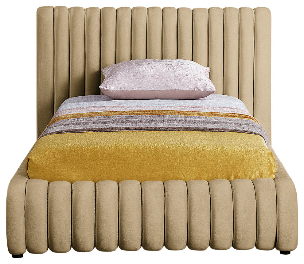 Nico Black Velvet Upholstered Bed, Camel, Twin