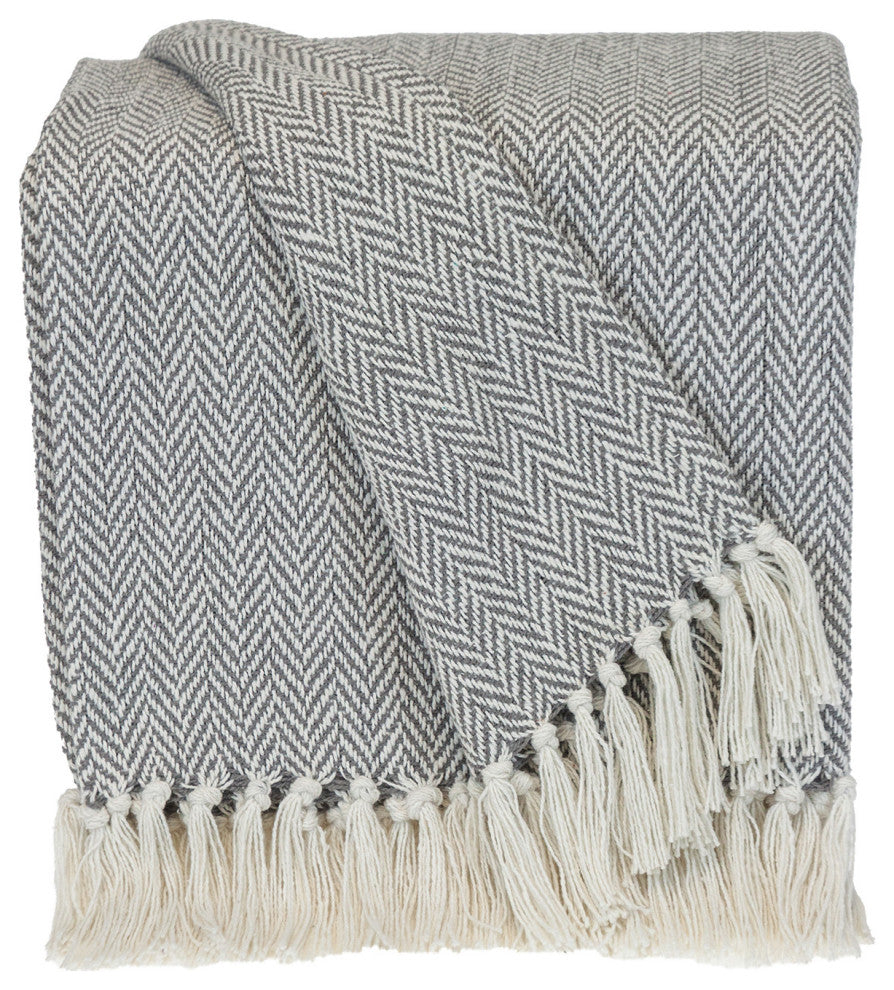 Handloomed Light Gray Cotton Throw Blanket With Tassels
