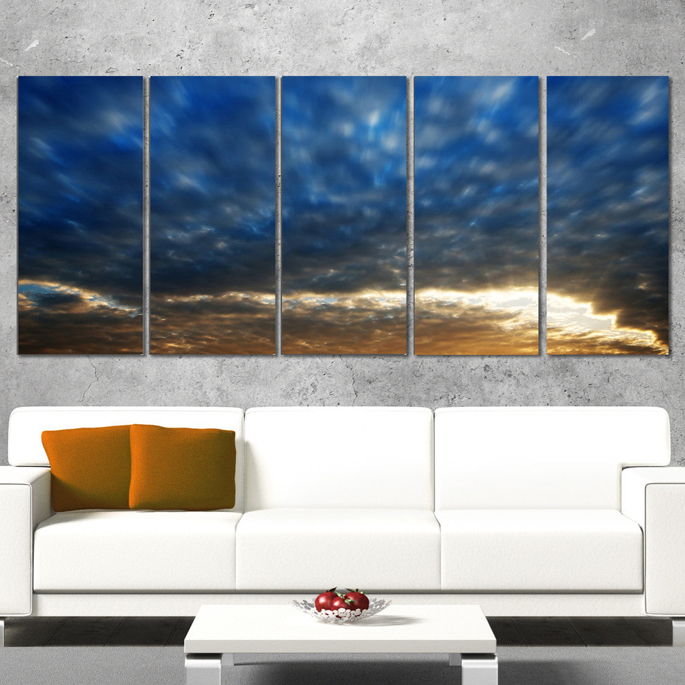"Dramatic Blue and Brown Skies" Modern Seascape Wall Art, 5 Panels, 60"x28"