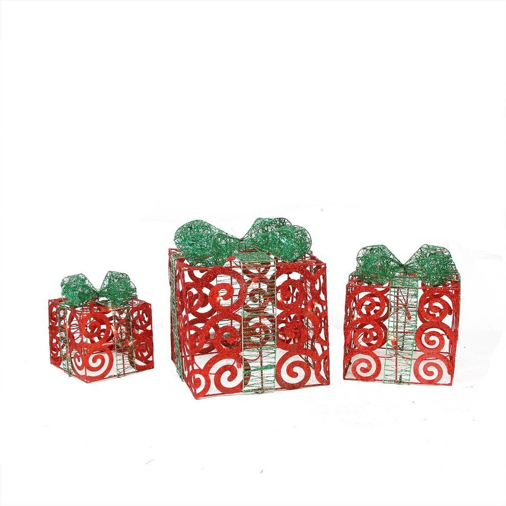 Swirl Gift Boxes Christmas Decorations, 3-Piece Set, Red