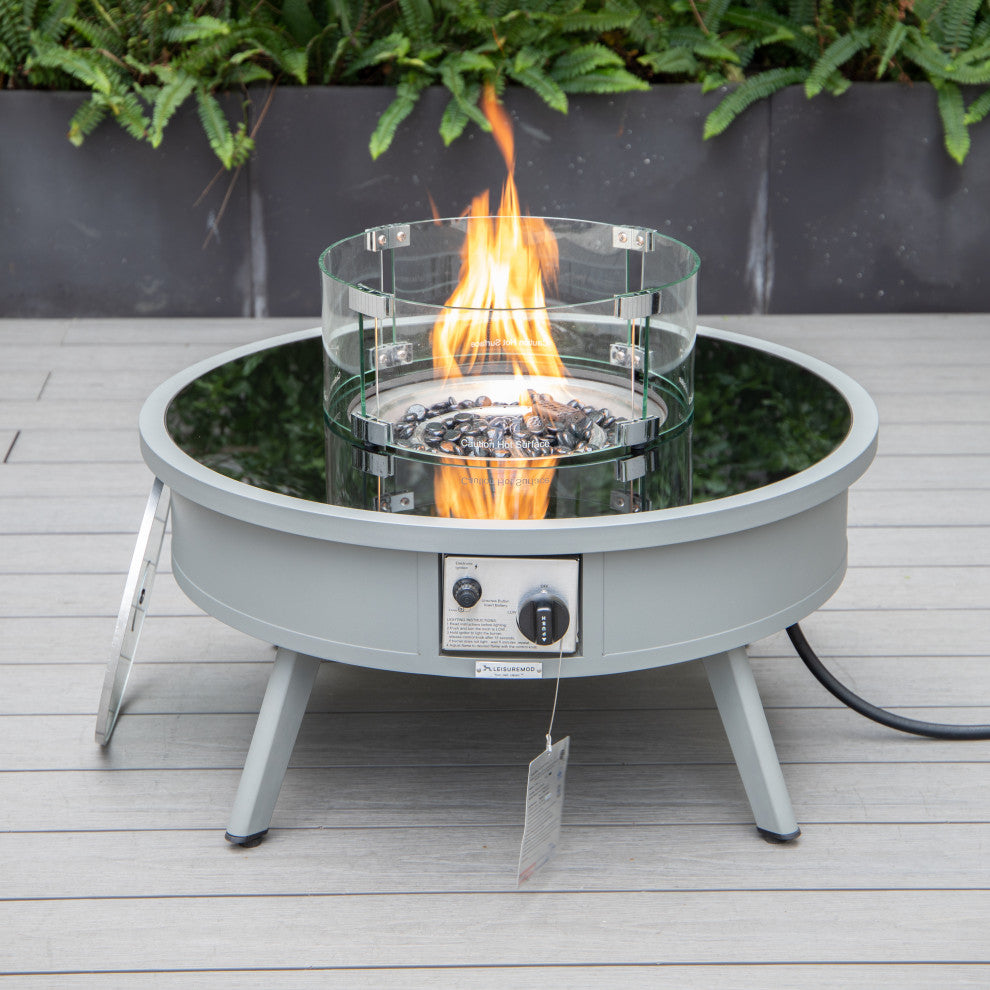 Leisuremod Walbrooke Patio Round Fire Pit Table With Aluminum Frame, Gray