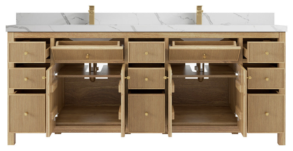 Sonoma 84 Double Sink Bath Vanity in Light Natural Teak with 2" Calacatta Laza