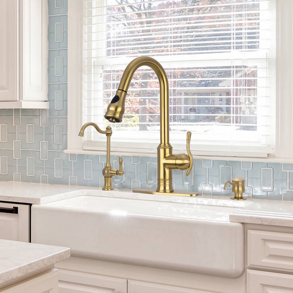 Copper Pull Down Kitchen Faucet, Single Level Solid Brass Kitchen Sink Faucets, Brushed Gold