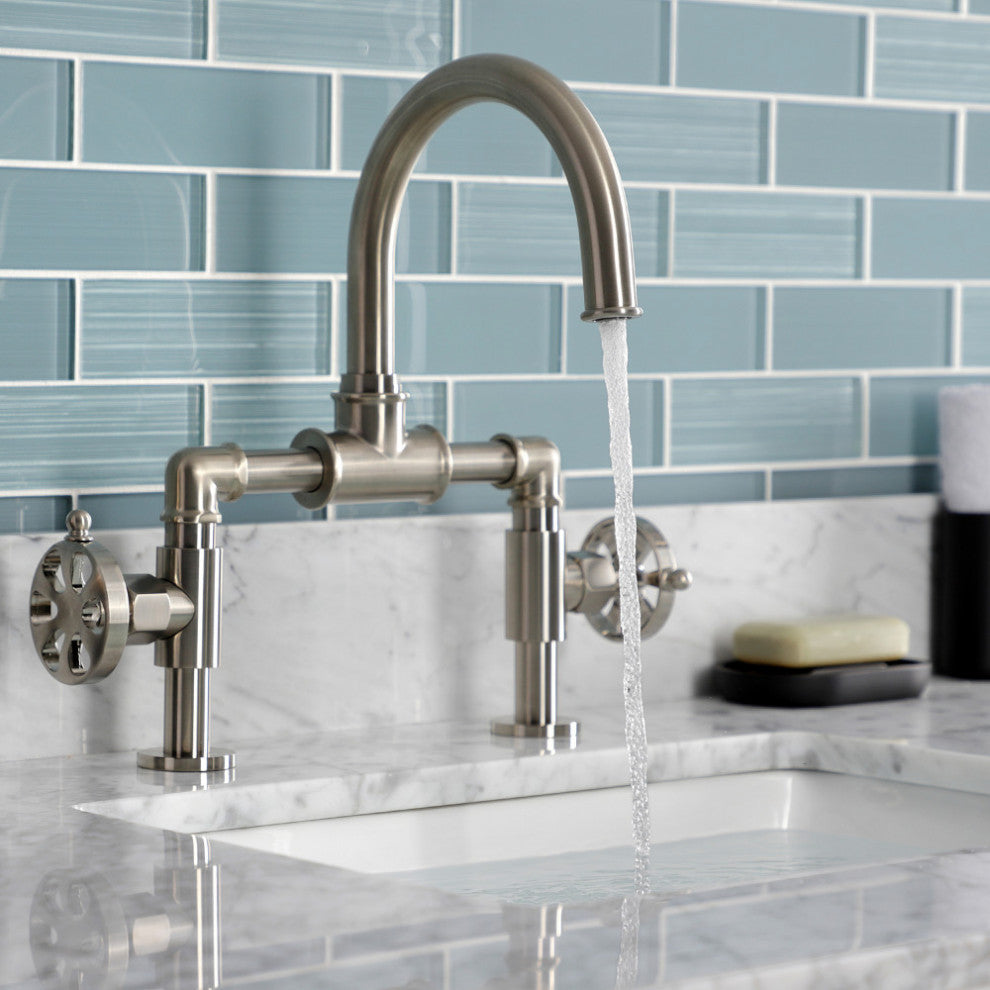 Belknap Style Wheel Handle Bridge Bathroom Faucet With Drain, Brushed Nickel