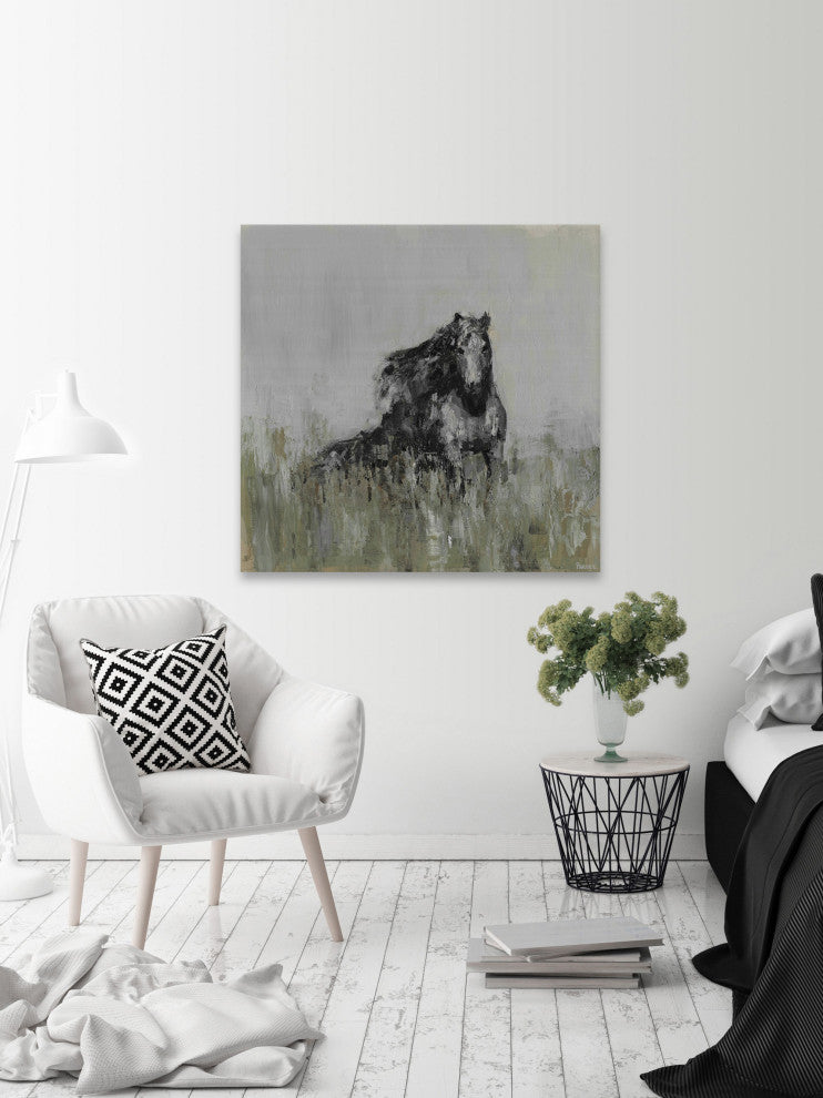 "Dark Horse at the Meadow" Painting Print on Wrapped Canvas, 48"x48"