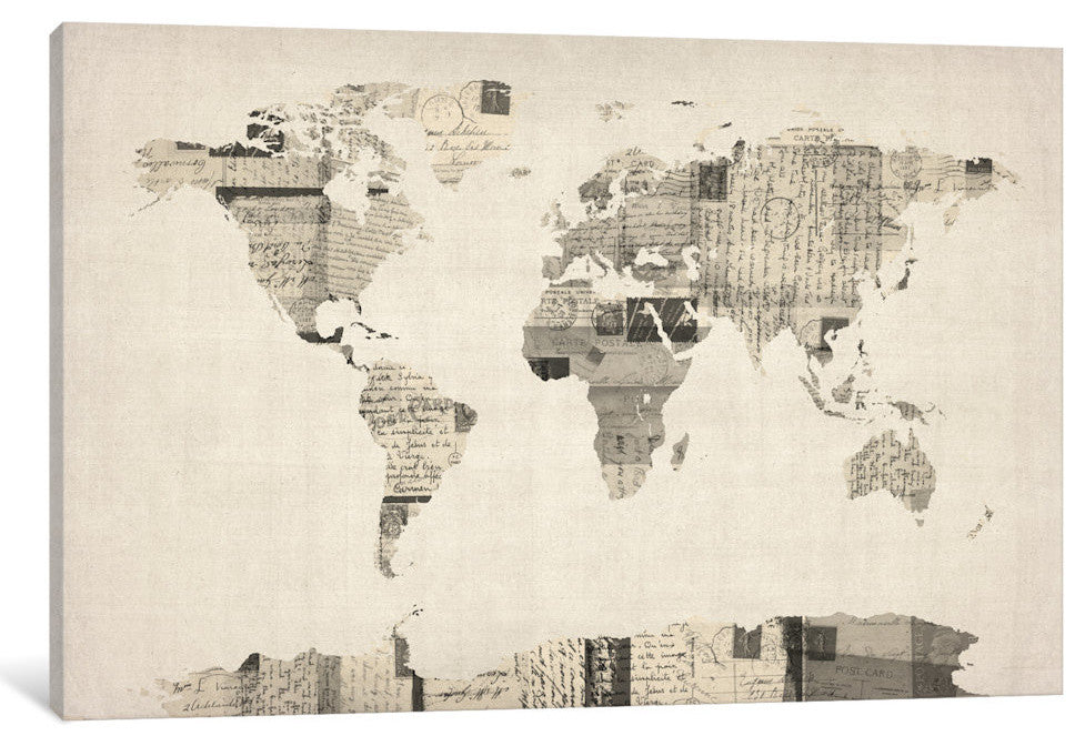 "Vintage Postcard World Map" Wrapped Canvas Print, 26x18x1.5