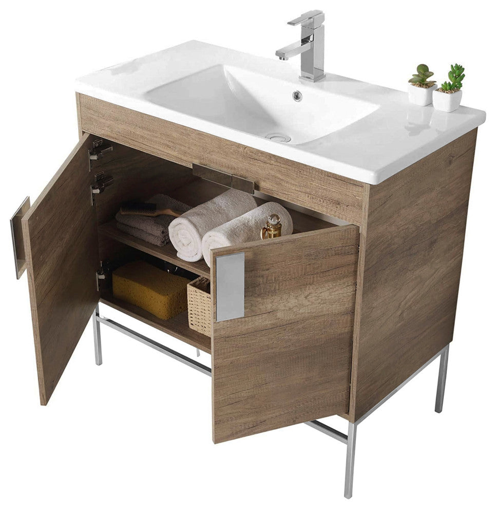 Modern Gray Bathroom Vanity Set, Chrome Hardware, Vireous China Sink Top