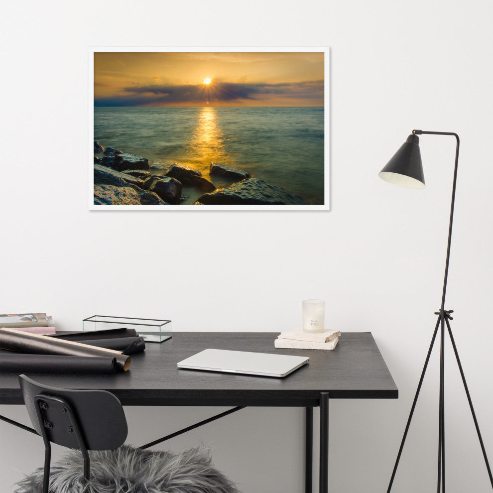Sun Ray on the Water Coastal Landscape Framed Photo Paper Wall Art Print, White, 24" X 36"