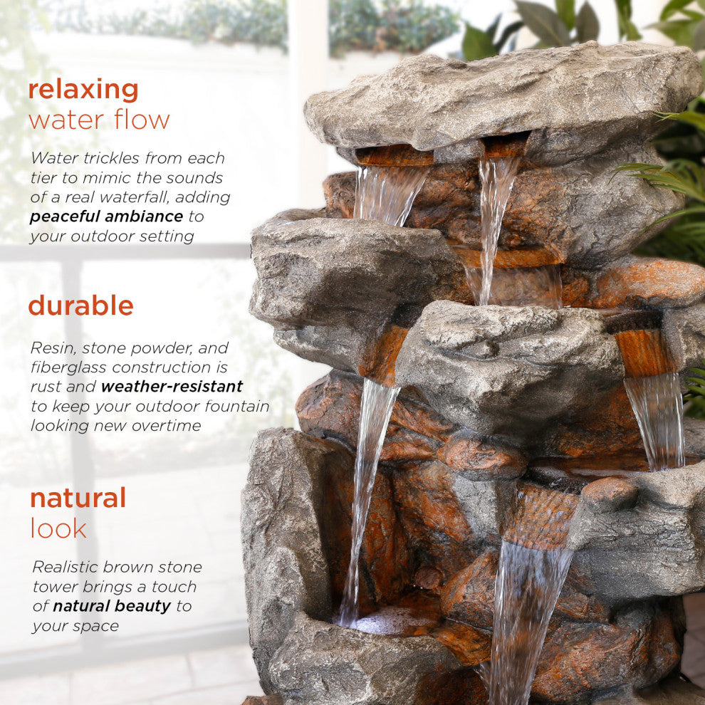 52" Tall Outdoor 5-Tier Rainforest Rock Water Fountain with LED Lights