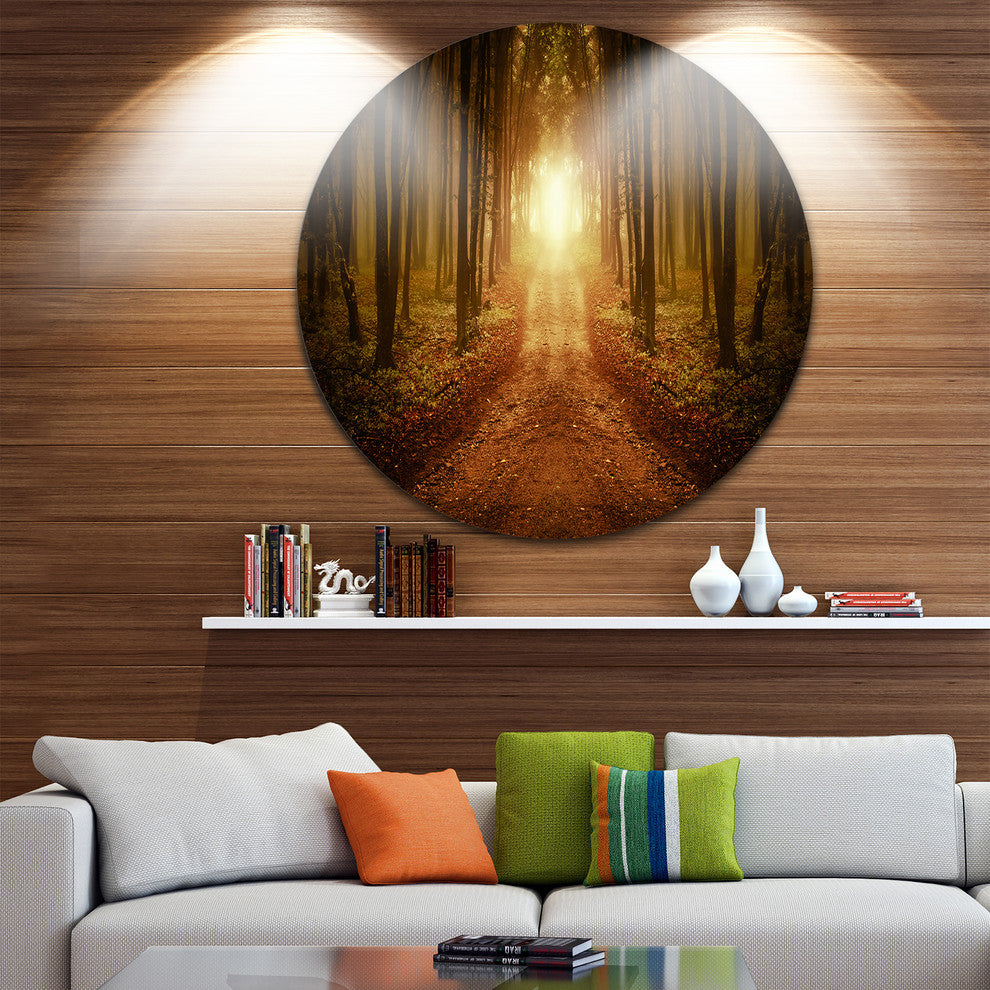 Road In Symmetrical Forest, Landscape Photo Round Wall Art, 11"