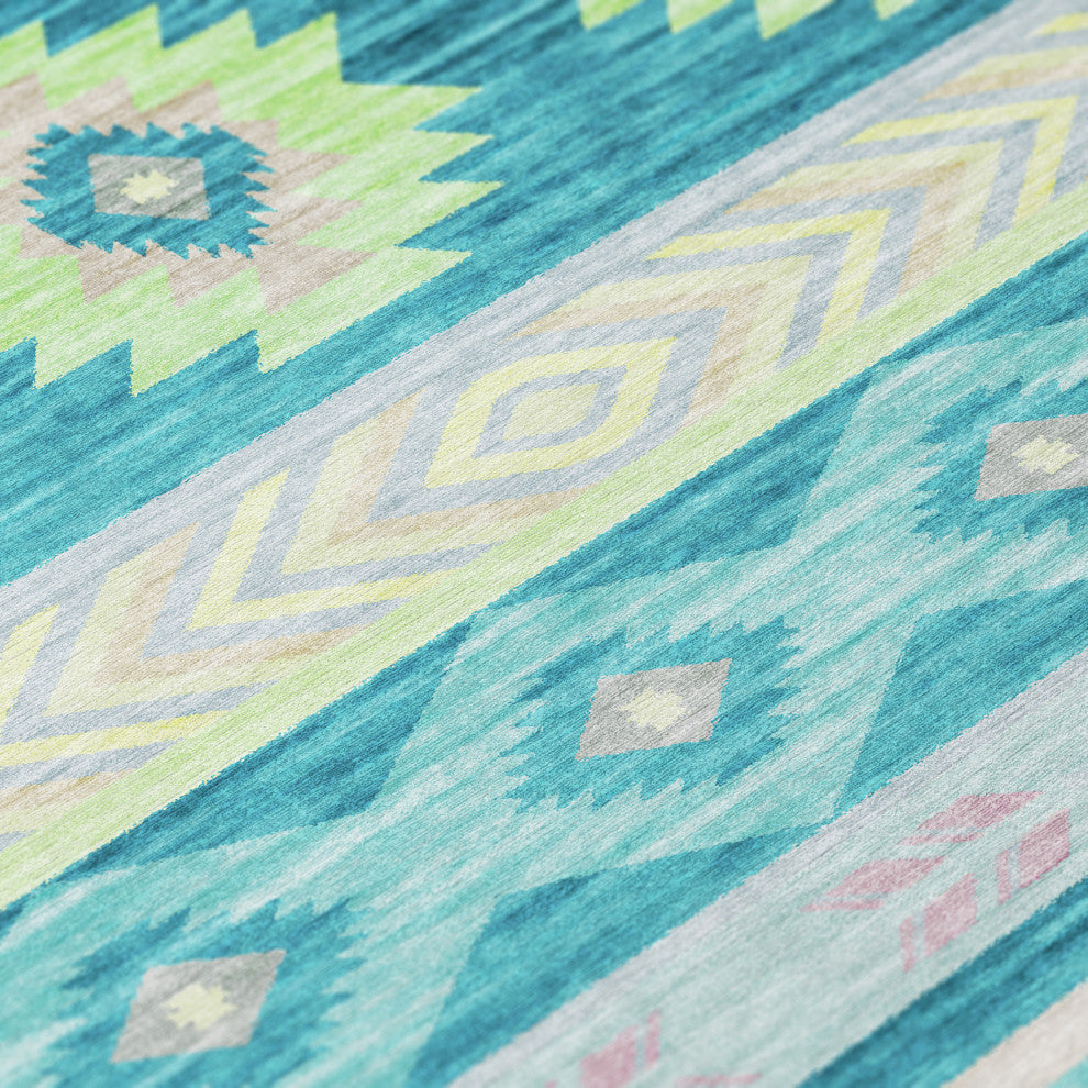 Indoor/Outdoor Phoenix PH3 Teal Machine Washable 8' x 8' Round Rug