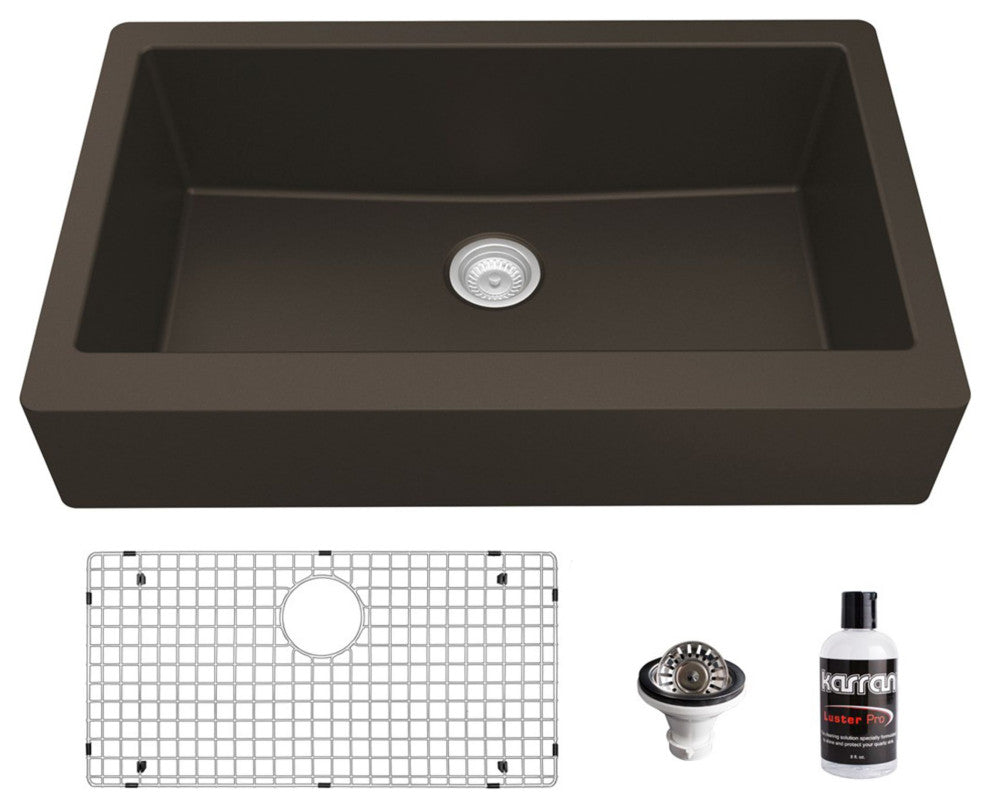 Karran Retrofit Farmhouse Quartz 34" Single Bowl Sink Kit, Brown