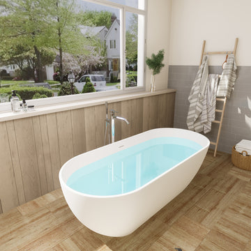 Ryder Flatbottom Freestanding Solid Surface Soaking Bathtub, Matte White, 59inch