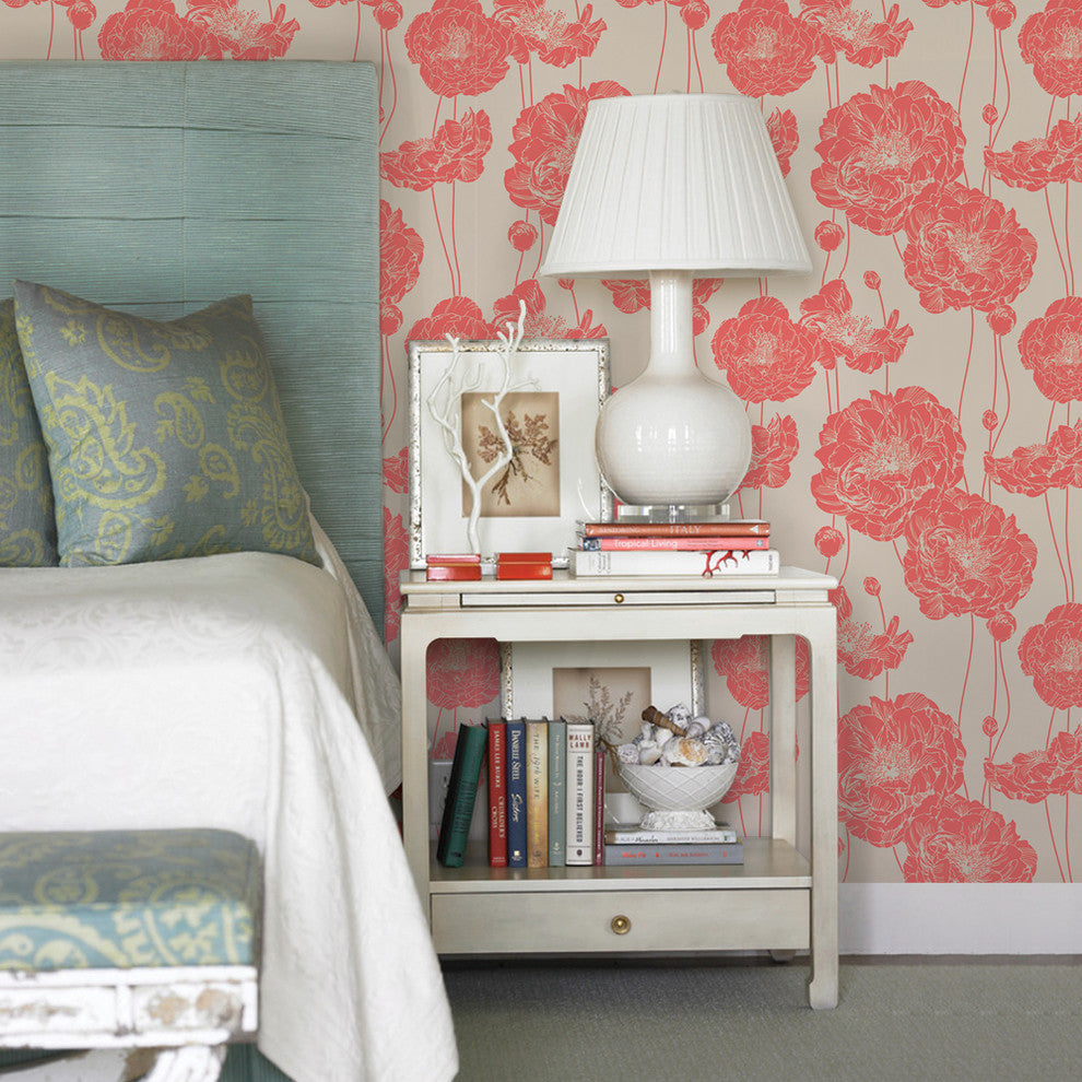 Peony Peel and Stick Vinyl Wallpaper, Dark Salmon, 24"w X 60"h