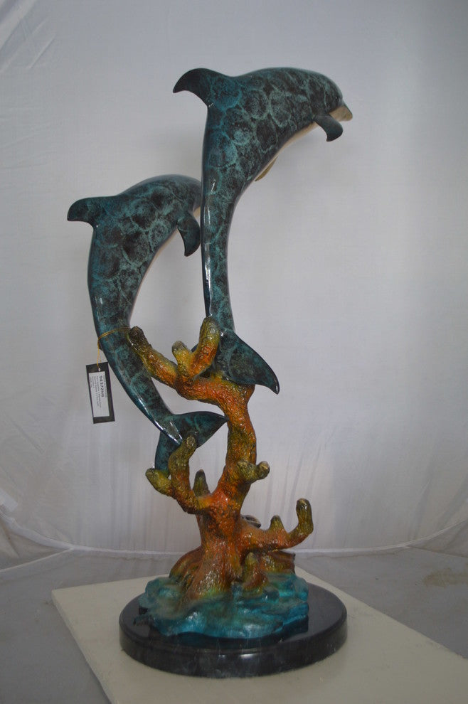 Two Dolphins fountain Bronze Statue on a marble -  Size: 19"L x 15"W x 36"H.