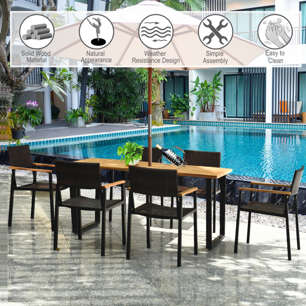 Costway 7PCS Patio Rattan Patented Dining Chair Table Set W/ Umbrella Hole