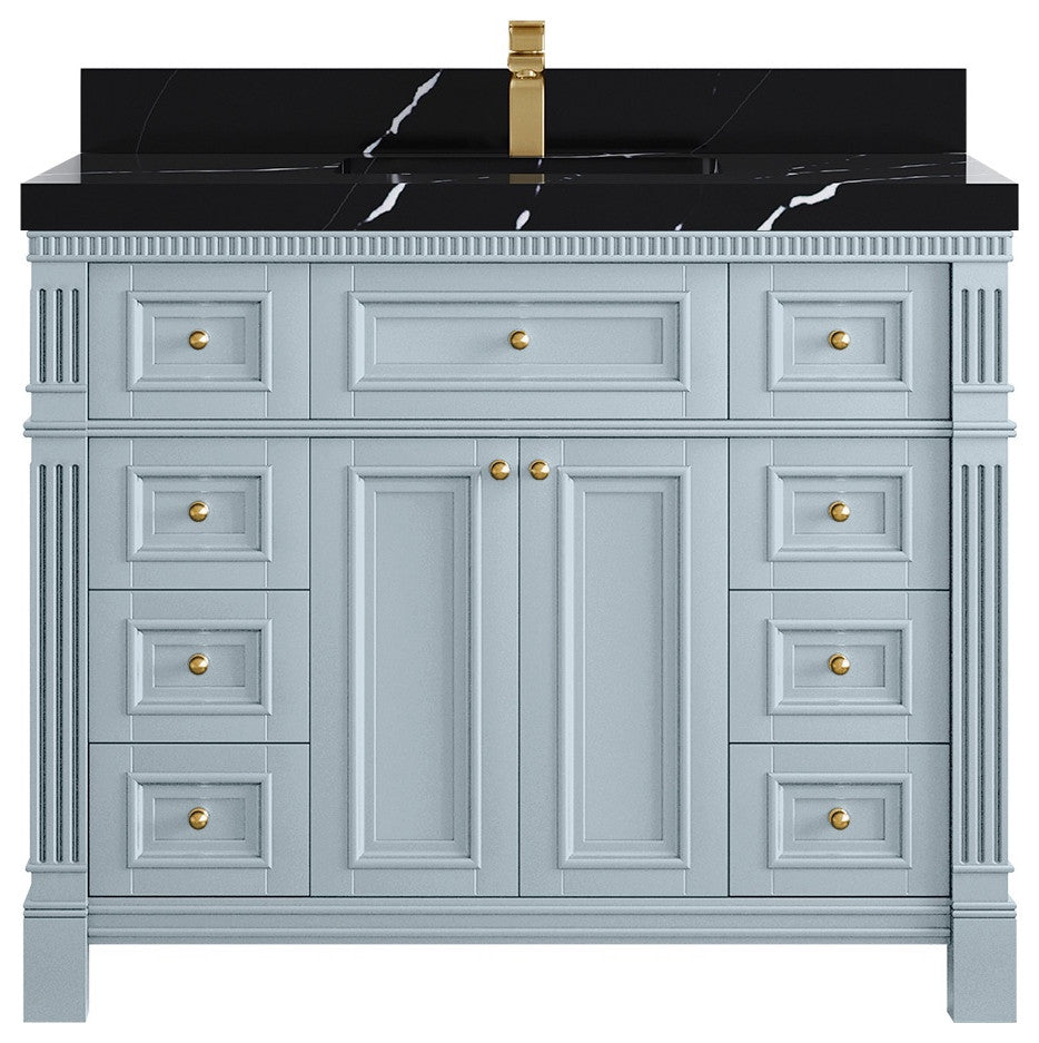 Paris 42" Single Sink Bathroom Vanity, Blue Heather 2" Calacatta Black