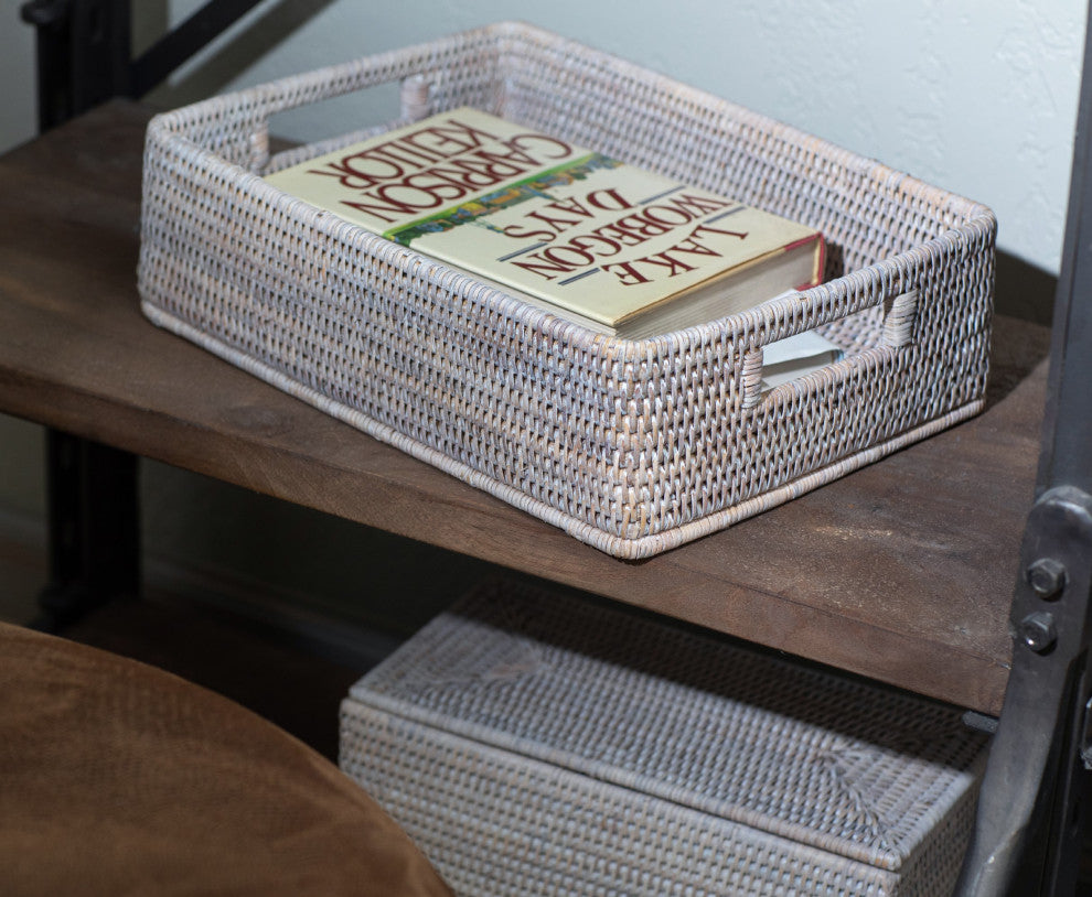 Artifacts Rattan Rectangular Storage Basket With Rounded Corners, White Wash