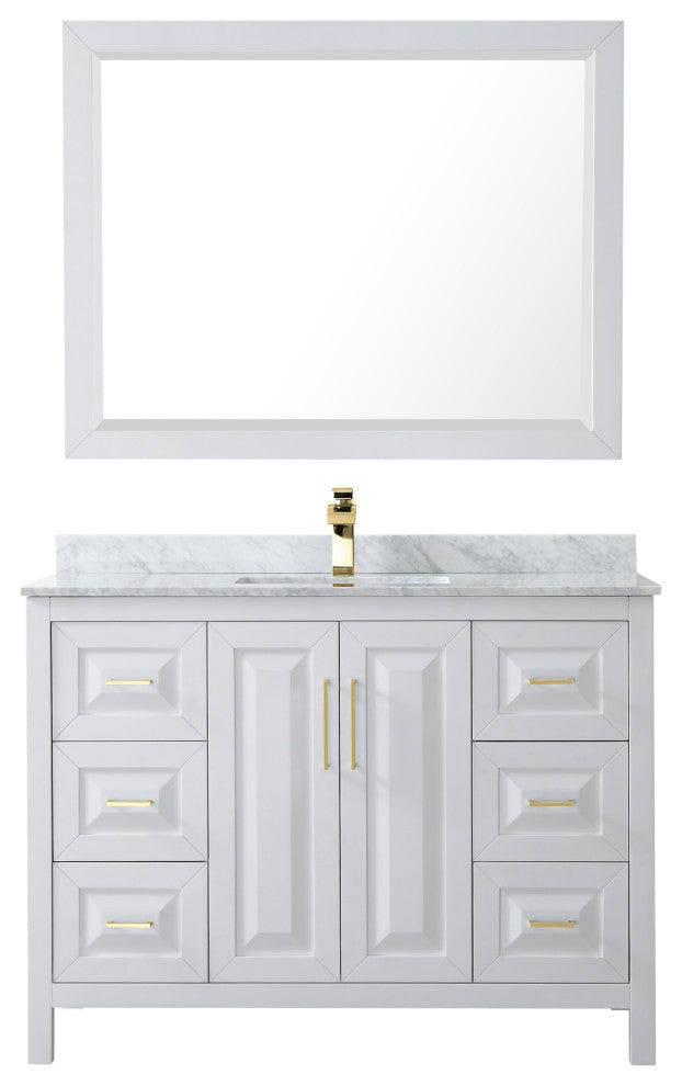 48" Single Bath Vanity, White, Carrara Countertop, Sink, 46" Mirror, Gold Trim