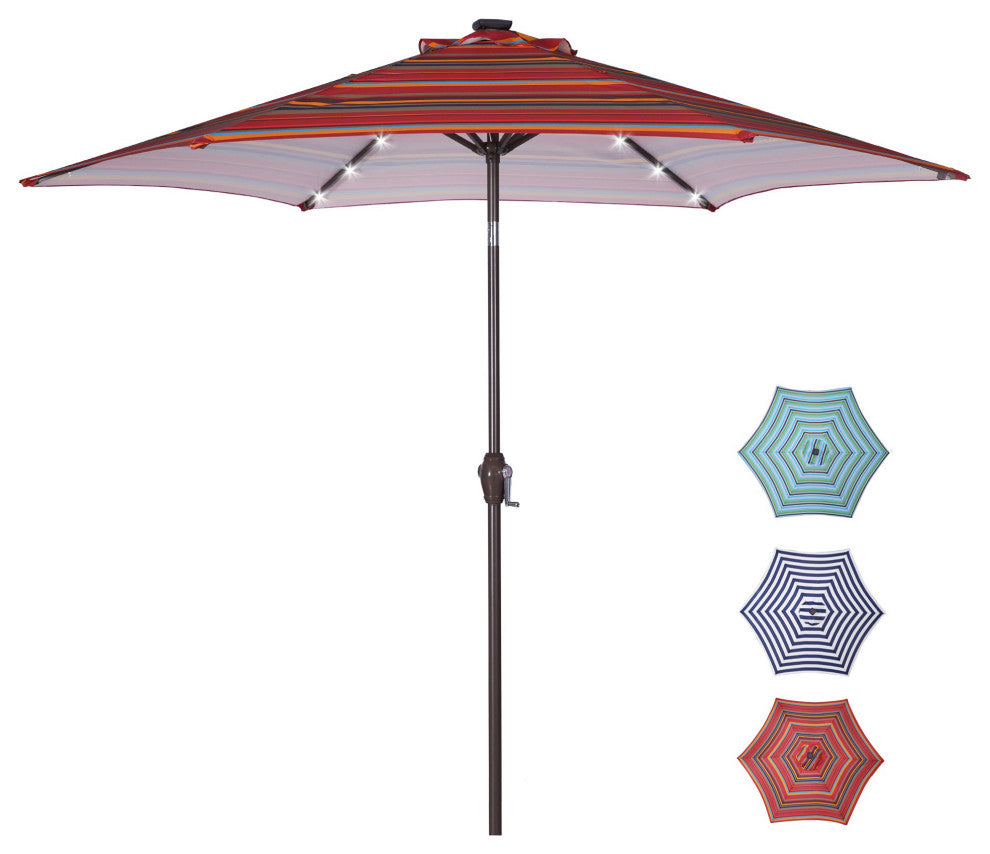 9' Outdoor Patio Steel Market Umbrella With 24 LED Lights, Red Striped